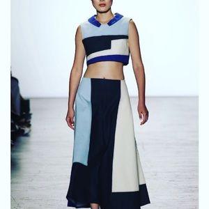 Denim patchwork CropTop with long skirt.